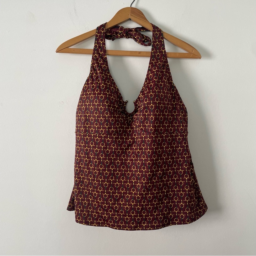 Lands End Burgundy and Gold Link Pattern Swimsuit Tankini Top Size 14